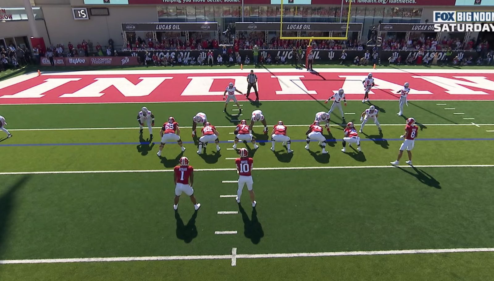 Pre-snap, camera behind Indiana’s shotgun, Ohio State in a light box at the goal line